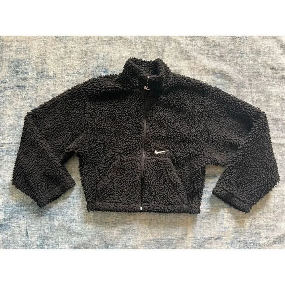 Nike Black White Sherpa Active Swoosh Cropped Faux Fur Jacket XS